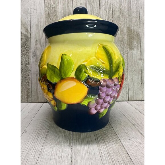 Vtg Nonni's Biscotti Painted Cookie Jar Canister Yellow Fruit Decor 10.5" Tall - Picture 3 of 13